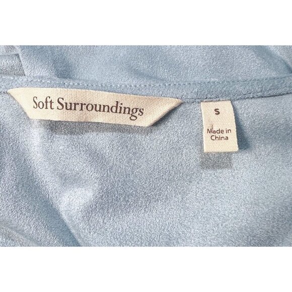 Soft Surroundings Sz S Blue Faux Suede Leather Tunic Top Blouse V Neck Roll Tab - Picture 7 of 9